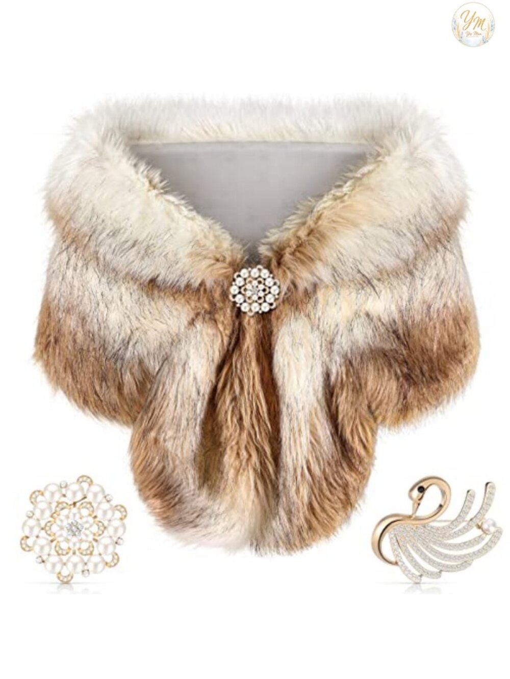 Faux Fur Shawl Wrap Women Bridal Winter Scarf Stole Shrug with Brooches